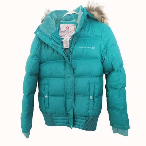 Free Country Girls 14 Ultra Light Down Teal Parka Jacket Removable Faux Fur Hood - Picture 1 of 6